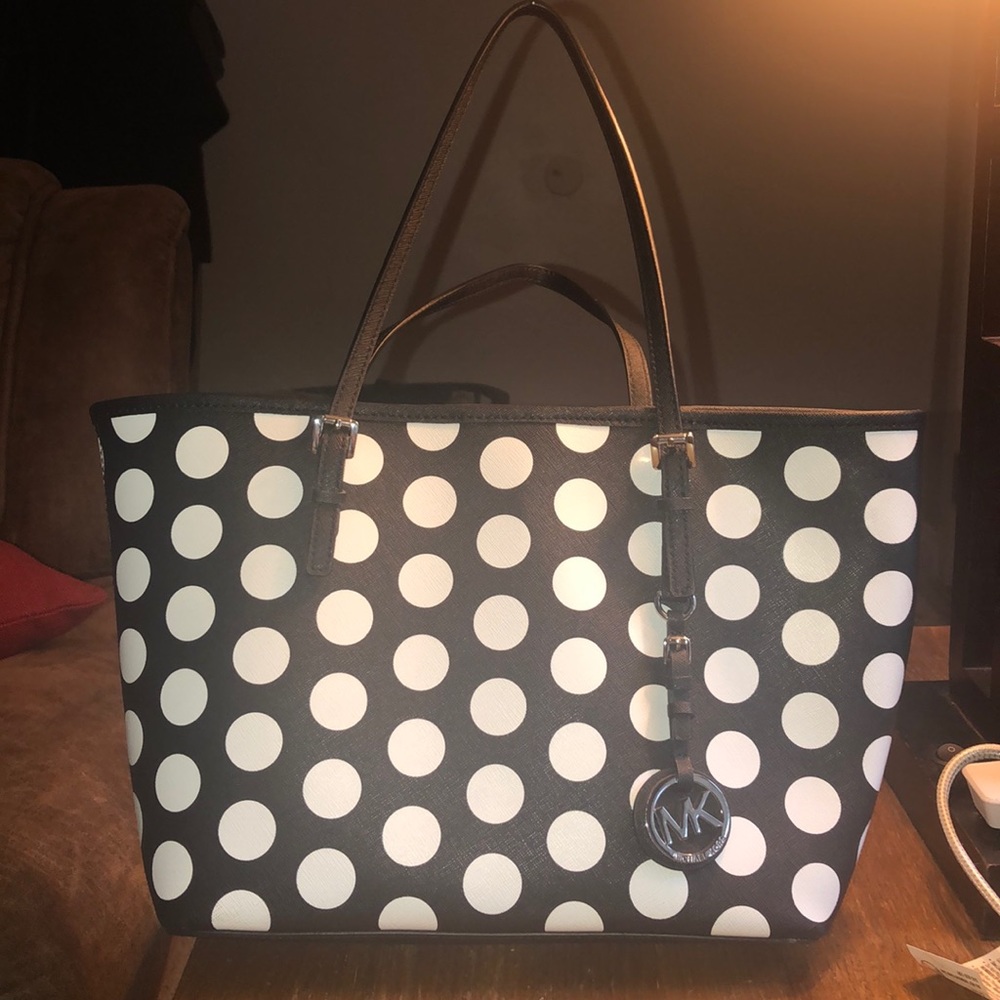 Adorable black and white polka dot tote